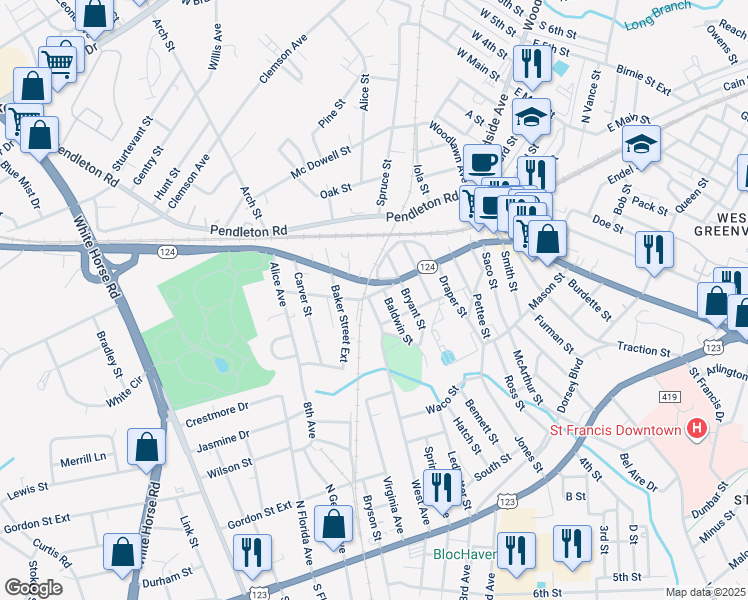 map of restaurants, bars, coffee shops, grocery stores, and more near 437 West Avenue in Greenville