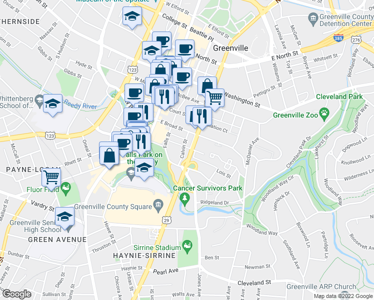 map of restaurants, bars, coffee shops, grocery stores, and more near 301 Calvin Street in Greenville