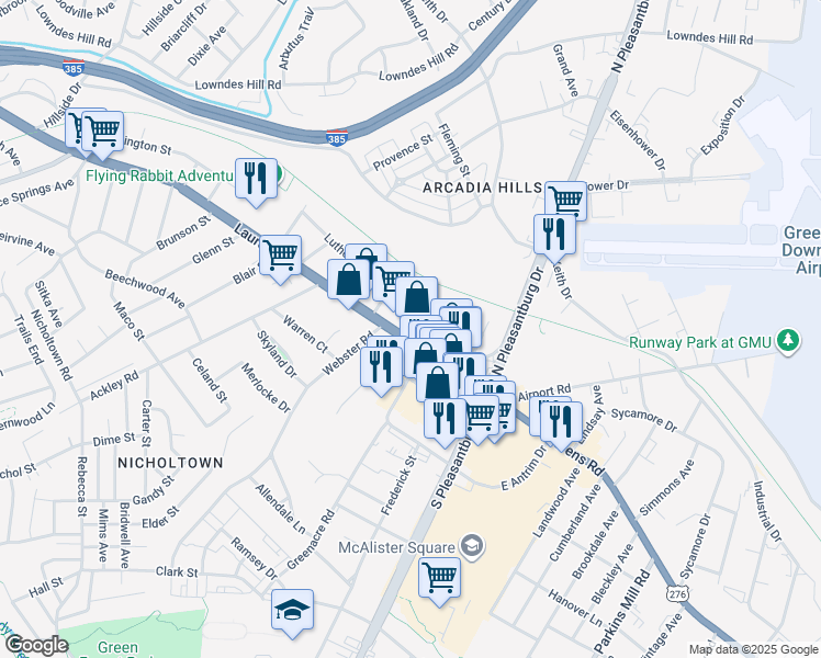 map of restaurants, bars, coffee shops, grocery stores, and more near 1411 Laurens Road in Greenville