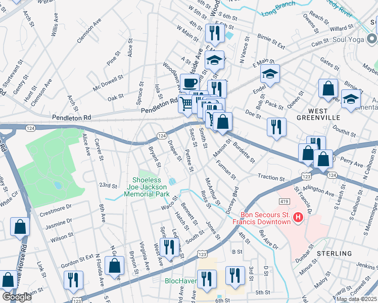 map of restaurants, bars, coffee shops, grocery stores, and more near 14 Pettee Street in Greenville