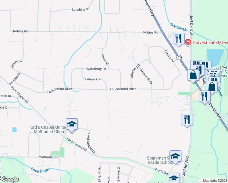 map of restaurants, bars, coffee shops, grocery stores, and more near 155 Thunderbird Drive in Harvest