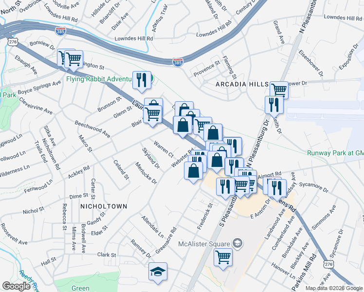 map of restaurants, bars, coffee shops, grocery stores, and more near 16 Webster Road in Greenville