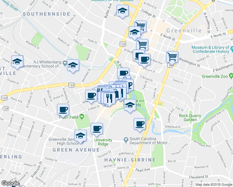map of restaurants, bars, coffee shops, grocery stores, and more near 24 River Street in Greenville