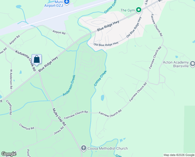 map of restaurants, bars, coffee shops, grocery stores, and more near 2155 Coosa Creek Lane in Blairsville