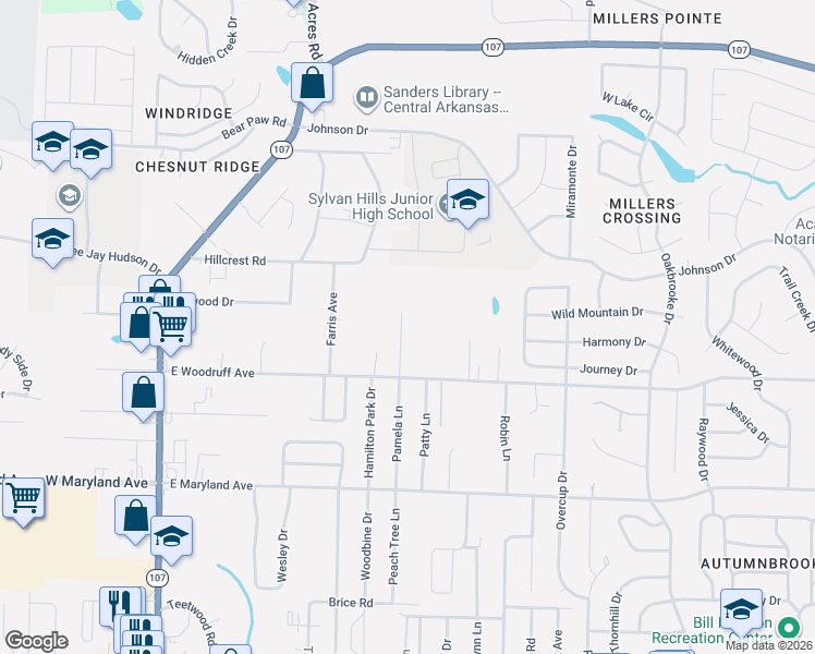 map of restaurants, bars, coffee shops, grocery stores, and more near 106 Pamela Lane in Sherwood