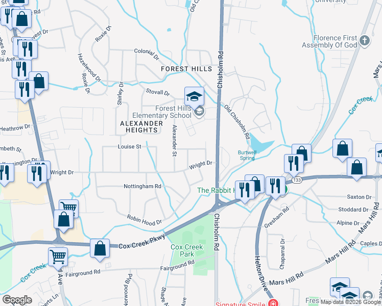 map of restaurants, bars, coffee shops, grocery stores, and more near 2800-2898 Womble Street in Florence