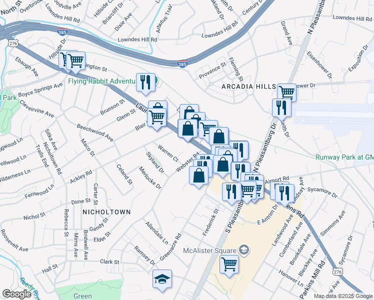 map of restaurants, bars, coffee shops, grocery stores, and more near 16 Webster Road in Greenville
