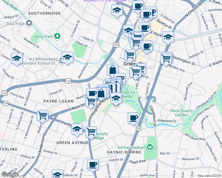 map of restaurants, bars, coffee shops, grocery stores, and more near 24 River Street in Greenville