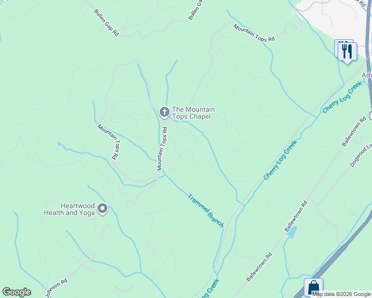 map of restaurants, bars, coffee shops, grocery stores, and more near Skybound Road in Blue Ridge