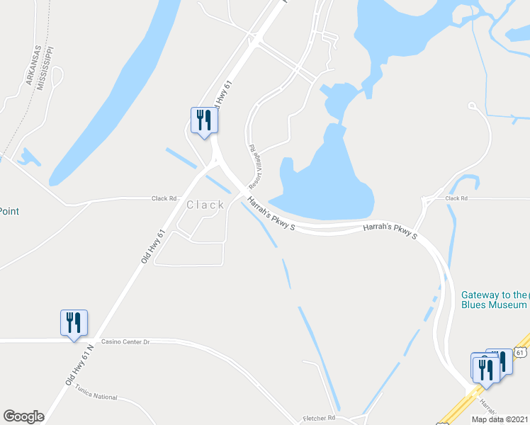 map of restaurants, bars, coffee shops, grocery stores, and more near 1632 Harrah's Parkway South in Robinsonville