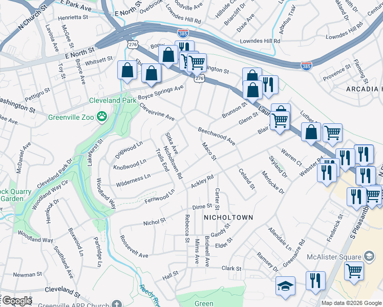 map of restaurants, bars, coffee shops, grocery stores, and more near 16 Lark Street in Greenville
