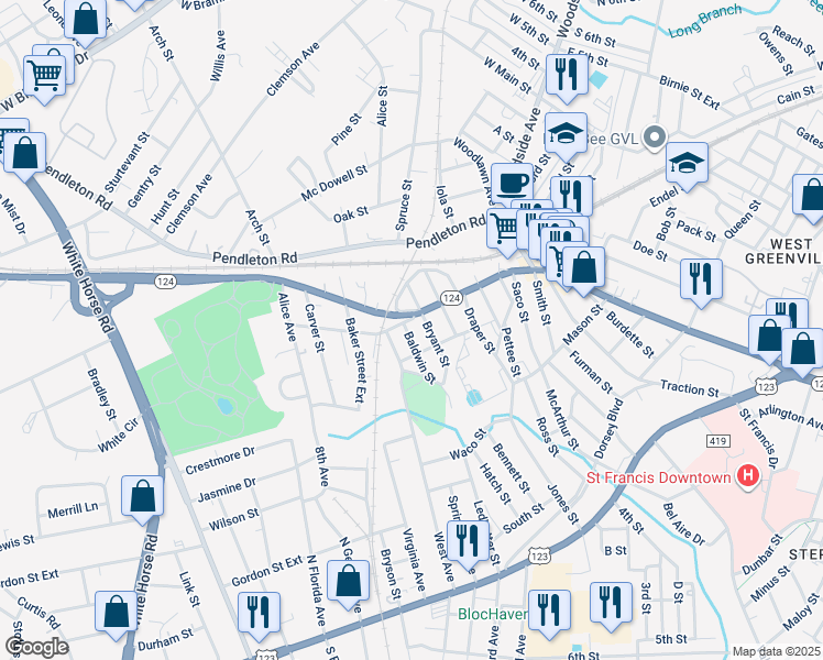 map of restaurants, bars, coffee shops, grocery stores, and more near 21 Bryant Street in Greenville