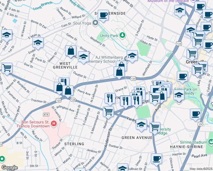 map of restaurants, bars, coffee shops, grocery stores, and more near Ware Street in Greenville