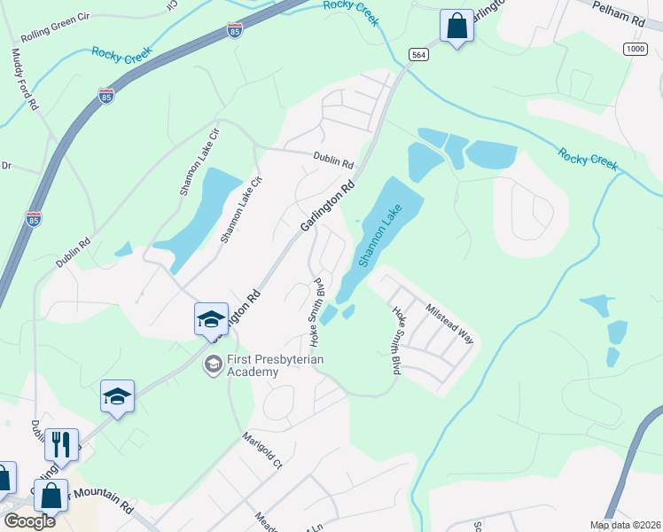 map of restaurants, bars, coffee shops, grocery stores, and more near 102 Lakeside Court in Greenville