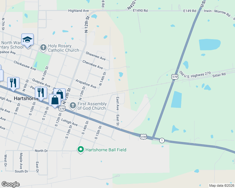 map of restaurants, bars, coffee shops, grocery stores, and more near 1504 Crow Street in Hartshorne