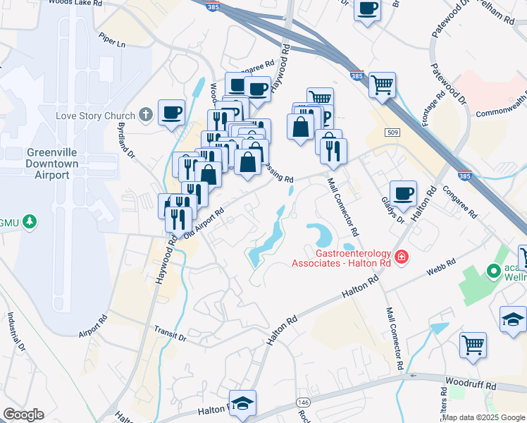map of restaurants, bars, coffee shops, grocery stores, and more near 930 Old Airport Road in Greenville