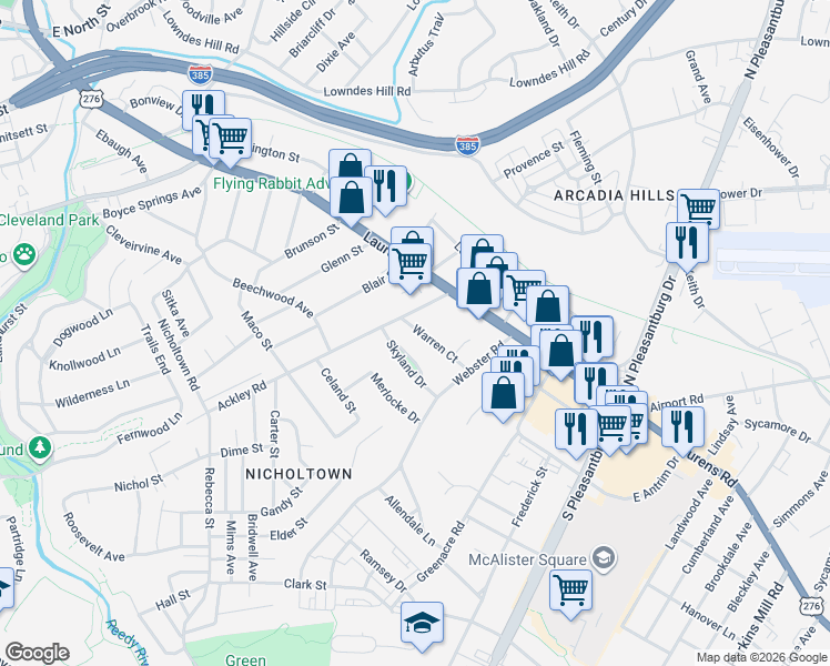 map of restaurants, bars, coffee shops, grocery stores, and more near 19 Skyland Drive in Greenville