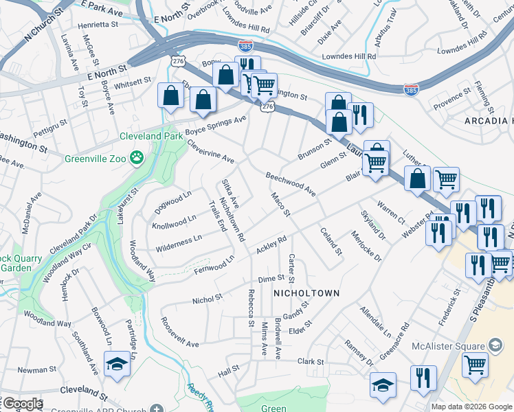 map of restaurants, bars, coffee shops, grocery stores, and more near 16 Lark Street in Greenville