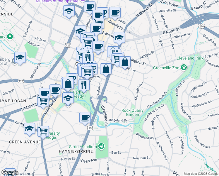 map of restaurants, bars, coffee shops, grocery stores, and more near 222 McDaniel Greene in Greenville