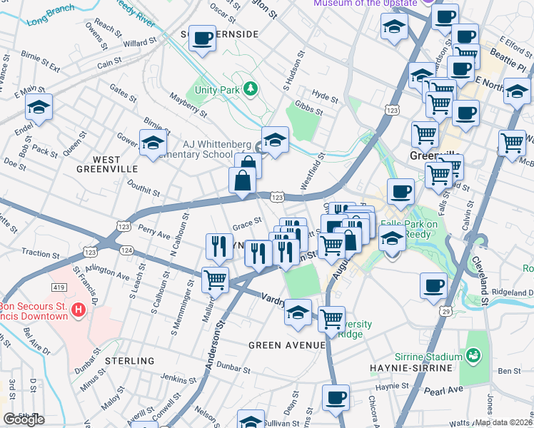 map of restaurants, bars, coffee shops, grocery stores, and more near 110 North Markley Street in Greenville