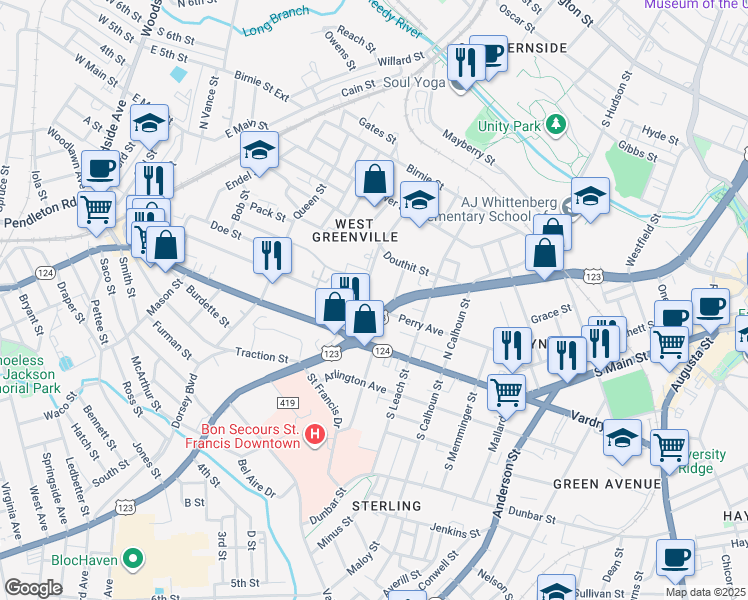 map of restaurants, bars, coffee shops, grocery stores, and more near 401 Perry Avenue in Greenville