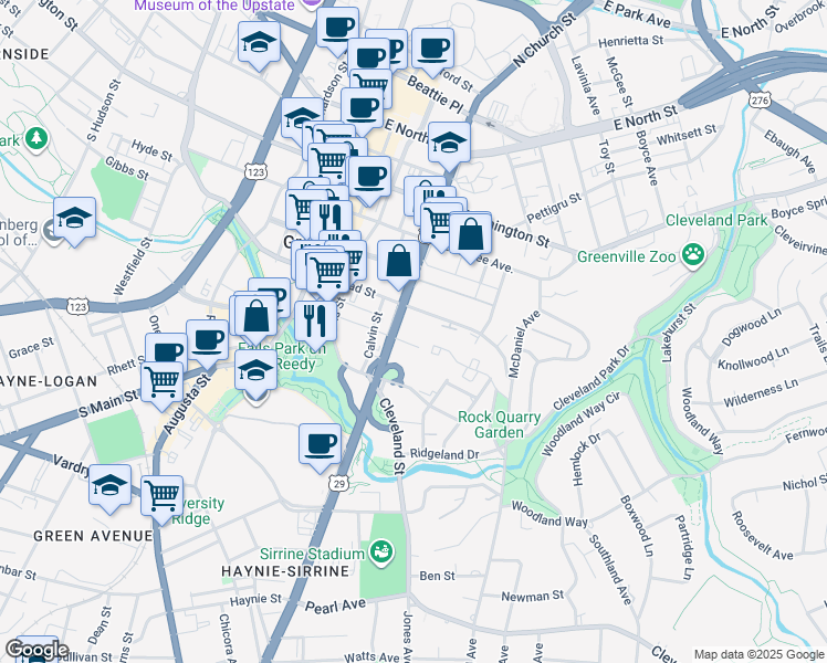 map of restaurants, bars, coffee shops, grocery stores, and more near 222 McDaniel Greene in Greenville