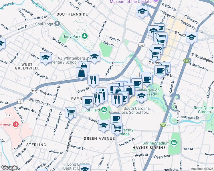 map of restaurants, bars, coffee shops, grocery stores, and more near 15 Ferguson Street in Greenville