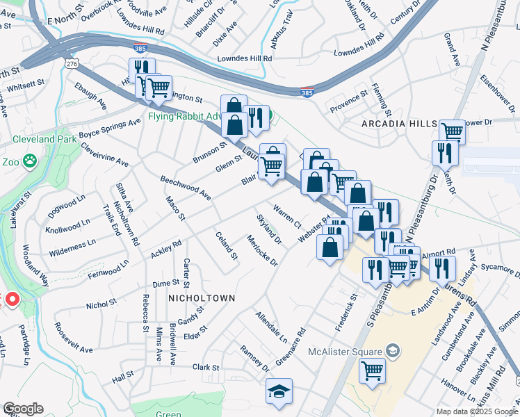map of restaurants, bars, coffee shops, grocery stores, and more near 19 Skyland Drive in Greenville