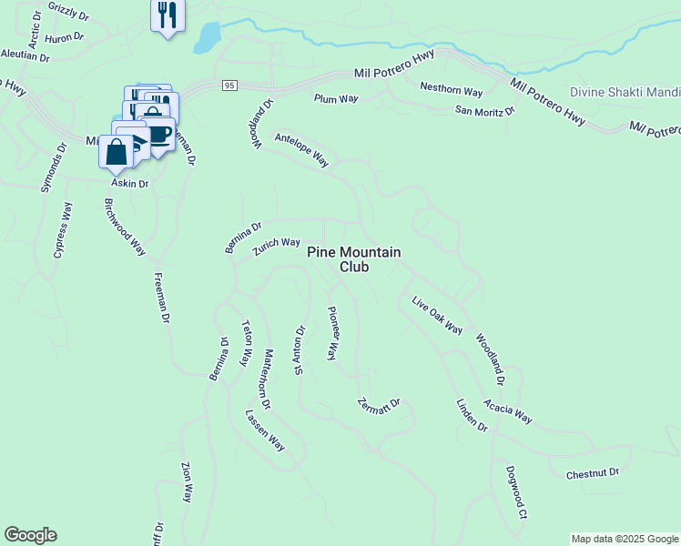 map of restaurants, bars, coffee shops, grocery stores, and more near 2208 Zermatt Drive in Pine Mountain Club
