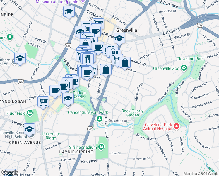 map of restaurants, bars, coffee shops, grocery stores, and more near 222 McDaniel Greene in Greenville
