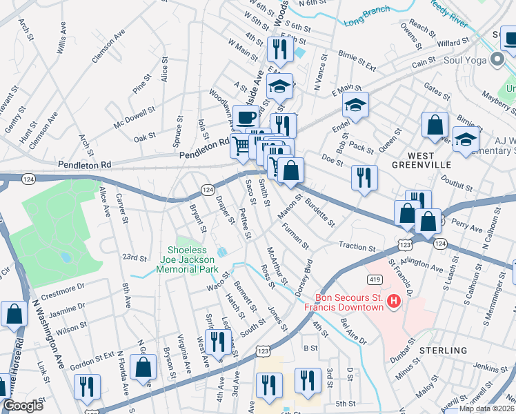 map of restaurants, bars, coffee shops, grocery stores, and more near 24 Saco Street in Greenville