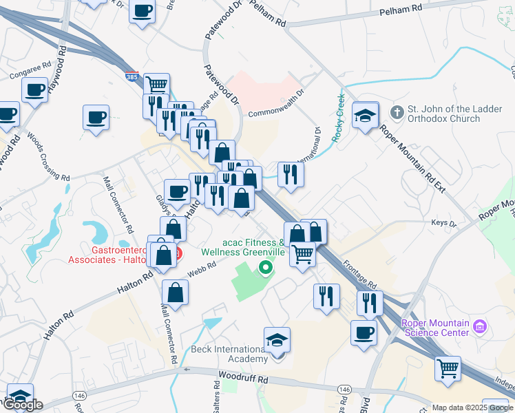 map of restaurants, bars, coffee shops, grocery stores, and more near 637 Congaree Road in Greenville