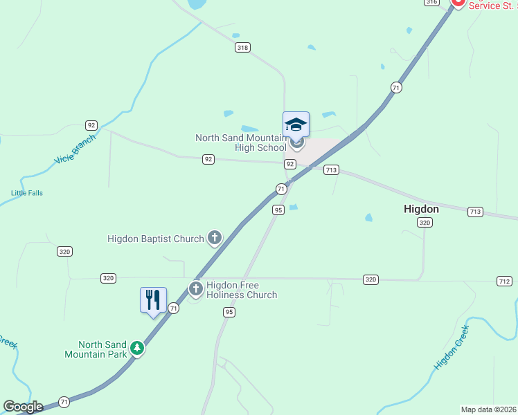 map of restaurants, bars, coffee shops, grocery stores, and more near 29097 Alabama 71 in Higdon