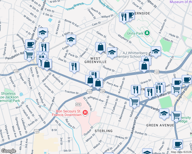 map of restaurants, bars, coffee shops, grocery stores, and more near 414 Perry Avenue in Greenville