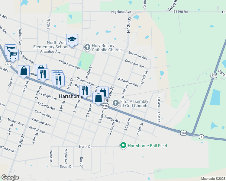 map of restaurants, bars, coffee shops, grocery stores, and more near 400 North 12th Street in Hartshorne