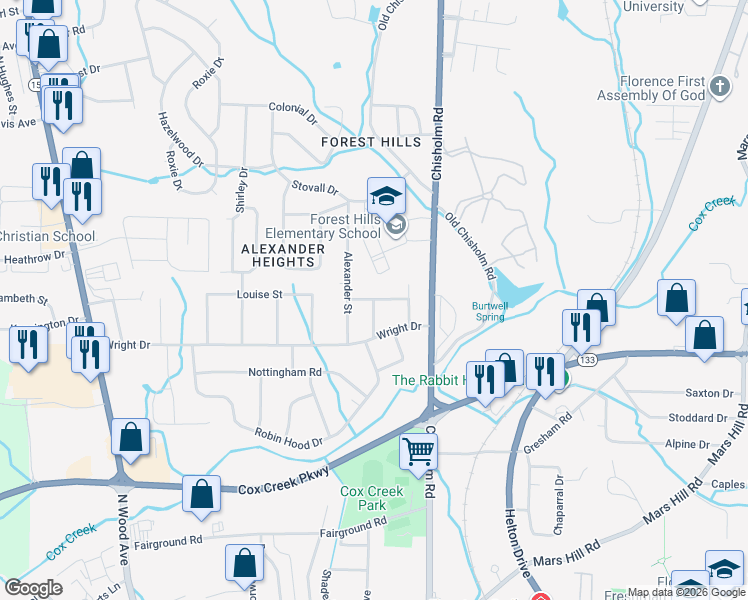 map of restaurants, bars, coffee shops, grocery stores, and more near 2800 Womble Street in Florence