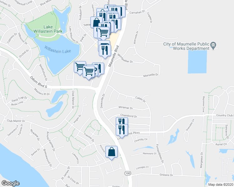 map of restaurants, bars, coffee shops, grocery stores, and more near 159 Calais Drive in Maumelle