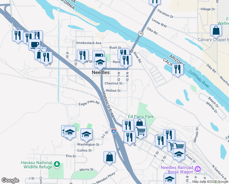 map of restaurants, bars, coffee shops, grocery stores, and more near 211 Chestnut Street in Needles
