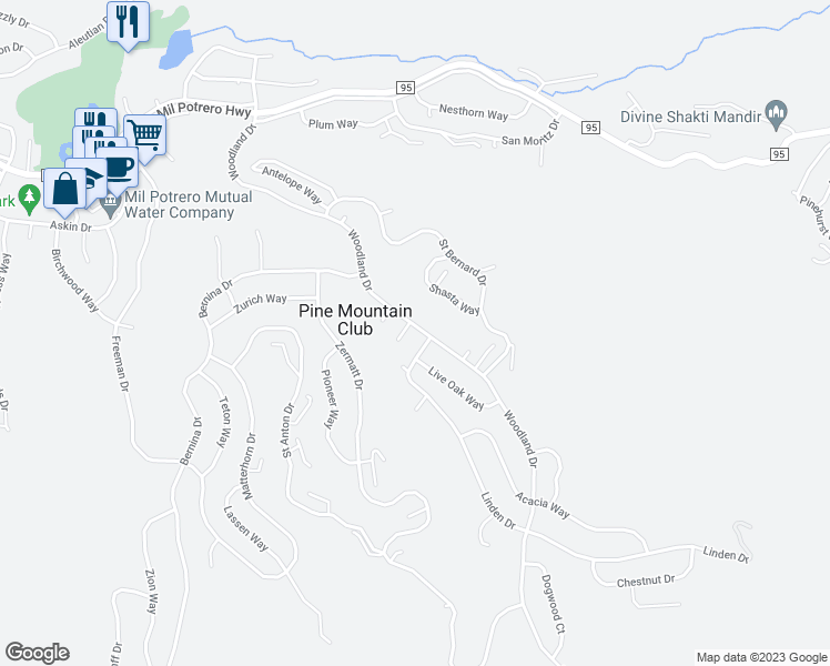 map of restaurants, bars, coffee shops, grocery stores, and more near 2117 Woodland Drive in Frazier Park