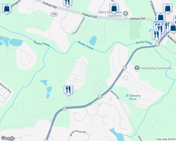 map of restaurants, bars, coffee shops, grocery stores, and more near 115 Bratton Drive in Greenville