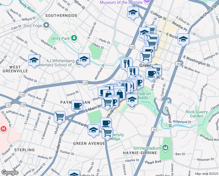 map of restaurants, bars, coffee shops, grocery stores, and more near 225 South Academy Street in Greenville