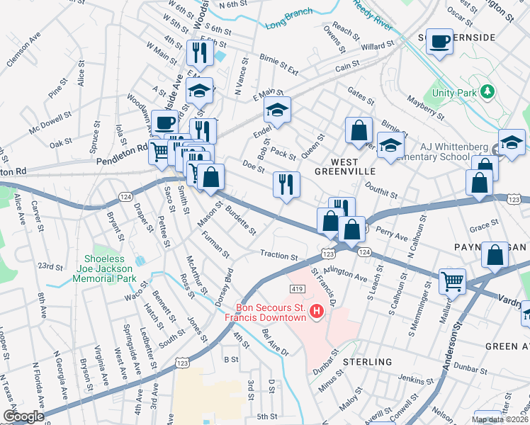 map of restaurants, bars, coffee shops, grocery stores, and more near 1178 Pendleton Street in Greenville