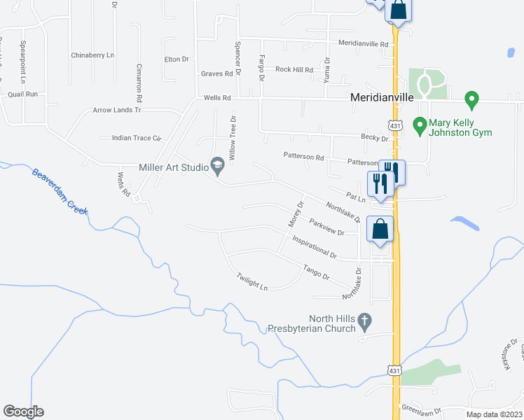 map of restaurants, bars, coffee shops, grocery stores, and more near 134 Parkview Drive in Meridianville