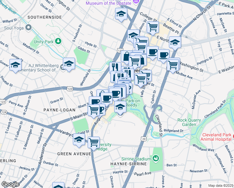 map of restaurants, bars, coffee shops, grocery stores, and more near 531 South Main Street in Greenville