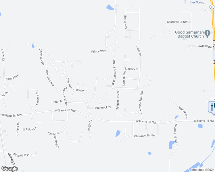 map of restaurants, bars, coffee shops, grocery stores, and more near 179 Brewer Way in Dalton
