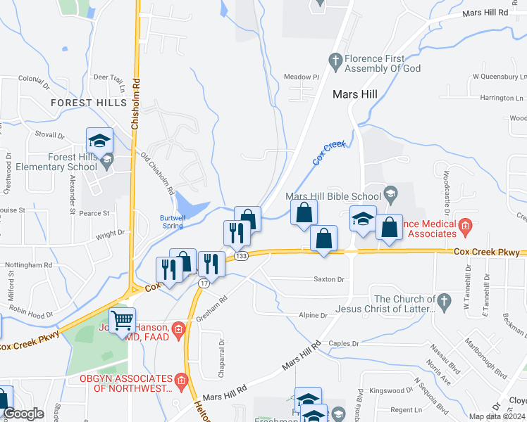 map of restaurants, bars, coffee shops, grocery stores, and more near 3550 Helton Drive Extension in Florence