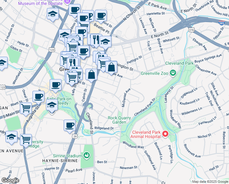 map of restaurants, bars, coffee shops, grocery stores, and more near 23 Station Court in Greenville