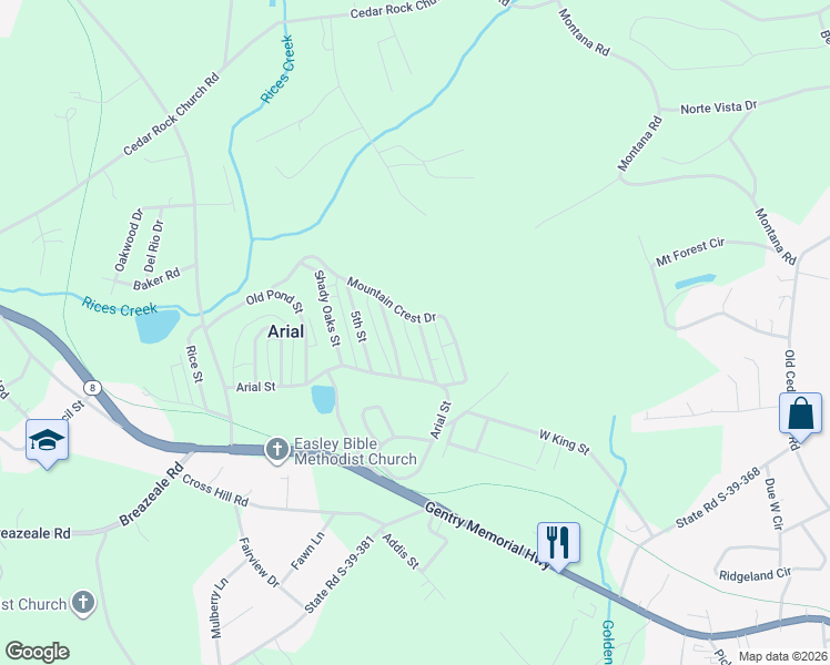 map of restaurants, bars, coffee shops, grocery stores, and more near 137 Rock View Street in Easley