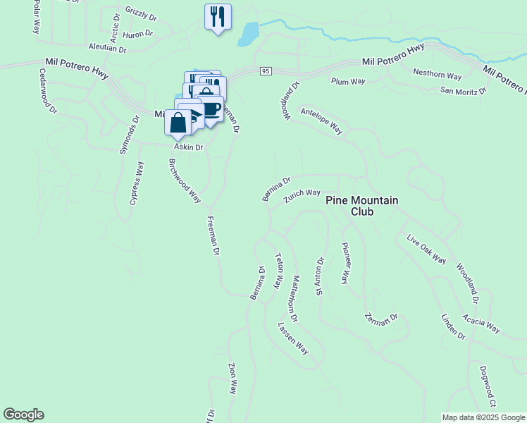 map of restaurants, bars, coffee shops, grocery stores, and more near 2125 Bernina Drive in Frazier Park