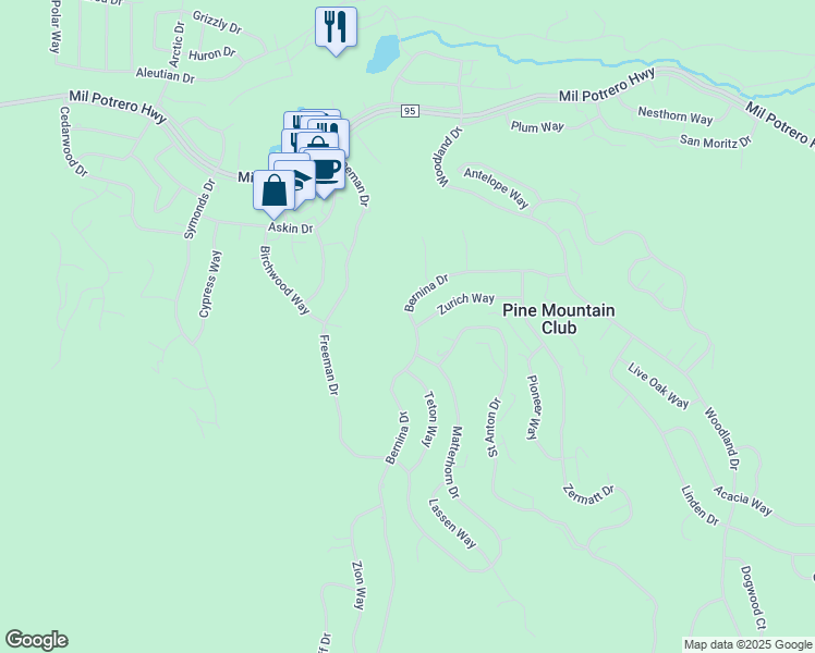 map of restaurants, bars, coffee shops, grocery stores, and more near 2125 Bernina Drive in Frazier Park
